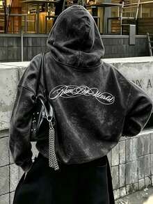 Women's American High-Street Style Hooded Sweatshirt For Autumn/Winter, Featuring Vintage Floral And Connected English Letter Prints. - Black - View 3