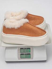 Plus Size 36-41 Slouchy Versatile Bestseller Soft Textured Suede Thickened Lamb Fur Folded Collar Slip-On Easy Wear Daily Home & Outdoor Round Toe Platform Thick Sole Cloud-Like Comfort Height Increasing Non-Slip Warm Snow Boots - Brown Suede With White Faux Fur Trim - View 10
