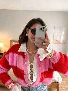 SEREN Women's Fashion Colorblock Striped Knit Cardigan, Y2K Top, Sweet Versatile Sweater Jacket, Suitable For Daily Wear - Multicolor - View 1