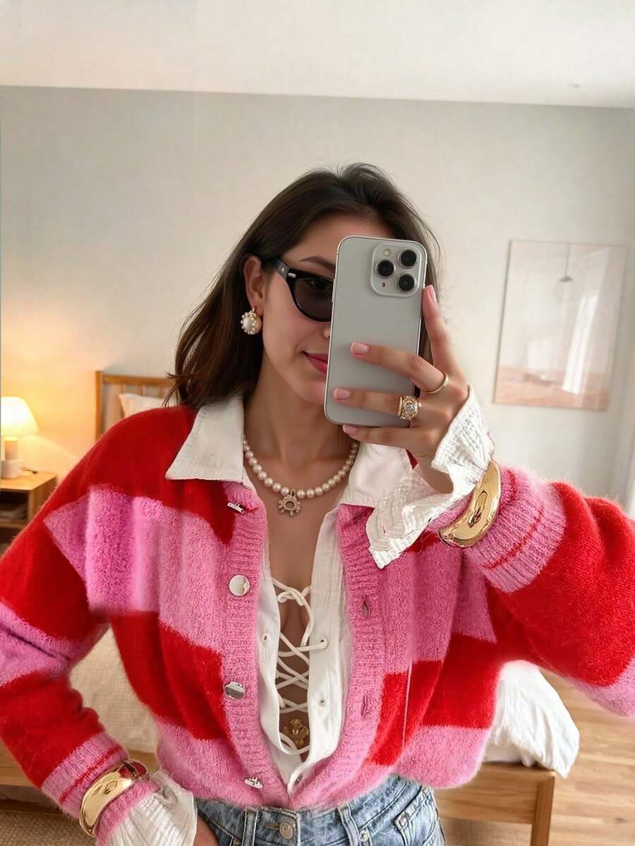 SEREN Women's Fashion Colorblock Striped Knit Cardigan, Y2K Top, Sweet Versatile Sweater Jacket, Suitable For Daily Wear - Multicolor - View 1