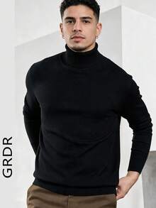 GRDR Men's Solid Black Turtleneck Knit Wool Sweater, Light Business Basic Style, Autumn/Winter Layering Inner Base Layer - Black - View 6