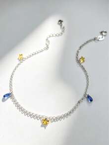 S925 Sterling Silver O-Ring Chain Anklet With Yellow Star & Blue Teardrop Zirconia Pendant, Gentle Beach Vacation Style Adjustable Versatile Foot Jewelry - Multicolor - View 2