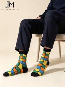 Men's Grey Patchwork Argyle Ribbed Cuff Cotton Sweat-Absorbent Breathable British Business Style Mid-Calf Socks For Office Commute - Multicolor - View 1