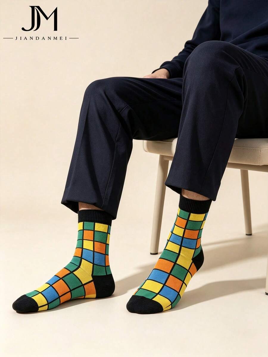 Men's Grey Patchwork Argyle Ribbed Cuff Cotton Sweat-Absorbent Breathable British Business Style Mid-Calf Socks For Office Commute - Multicolor - View 1