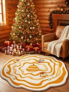 Round Burgundy Christmas Tufted Rug Checkered Border Snowman Gingerbread Gift Candy Cane Plush Rug Wreath - Yellow - View 6
