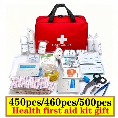 500pcs/460pcs/450pcs Luxury Health Protection Medical First Aid Kit, Including (Band Aids, First Aid Blankets, Bandages, Scissors, Tweezers, Etc.), Suitable For Father's Day Gifts Such As Home, Outdoor, Hiking, Camping, Etc. (Car Gift)
