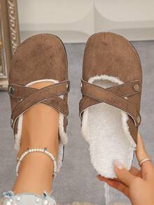 Women's Comfortable Soft Fur Lined Slip-On Closed Toe Mule Slippers With Cross Design, Casual Style, Autumn/Winter Daily Home Slippers, Chocolate Brown, Plus Size - Chocolate Brown - View 2