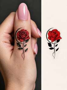 6pcs Waterproof Mandala Temporary Tattoo Stickers, Suitable For Fingers, Palms, Valentine's Day, Rose Pattern, Waterproof, Realistic, Floral Design, Rose Flower Pattern DIY Finger, Ear, Shoulder, Neck, Collarbone Fine Line Lasting 3-5 Weeks, Women's Tattoo Stickers - Black - View 2