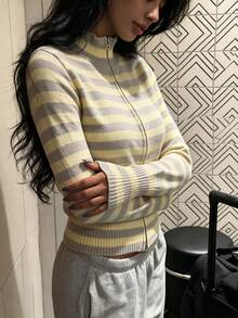 Fall/Winter Yellow Striped Turtleneck Cardigan, Casual Blouse, Slim Fit Sweater Top - Light Yellow - View 5
