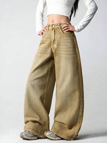 1件女款美式街頭風刺繡寬鬆舒適寬腿牛仔長褲，時尚四季皆宜（本產品不含腰帶/配件） - 卡其色 - 查看 5