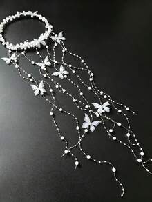 New Butterfly Tassel Flower Wreath Handmade Bead Headband, Sen Style Princess Style Fashionable Bridal Headpiece, Wedding Headband - White - View 7