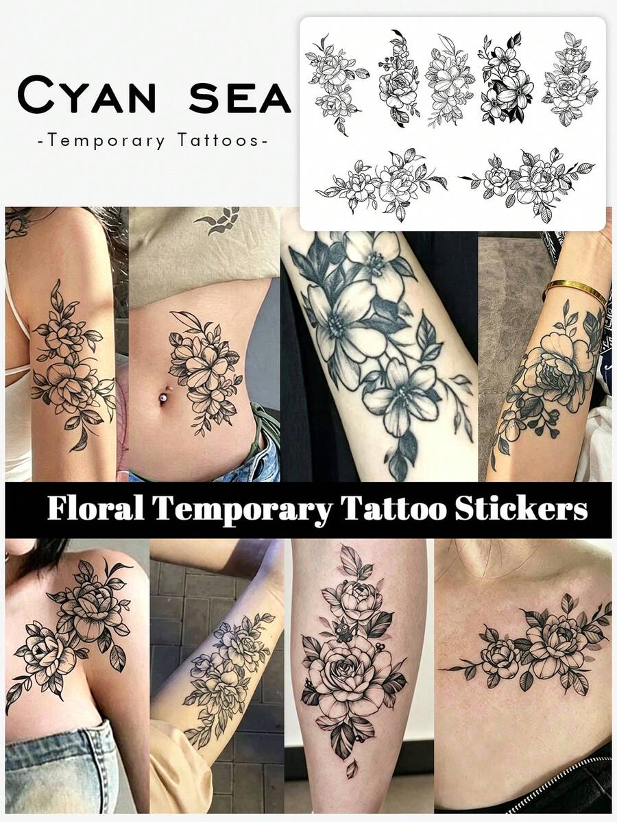 7pcs Herbal Temporary Tattoo Sticker, Black‑White Line Drawing Rose Floral Pattern, Realistic Fake Tattoo Design, Suitable For Daily Wear, Bachelorette Party Favors, Music Festivals, Game Events, Graduation Gifts, Lasts 7‑14 Days - Black - View 1