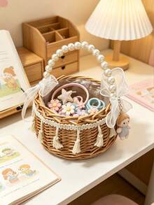 1PC Brown Rattan Basket – Pearl Handle & 2 White Bows, Cute Nursery Storage For Kids Room,Baby Stuff,Room Essentials - Multicolor - View 7