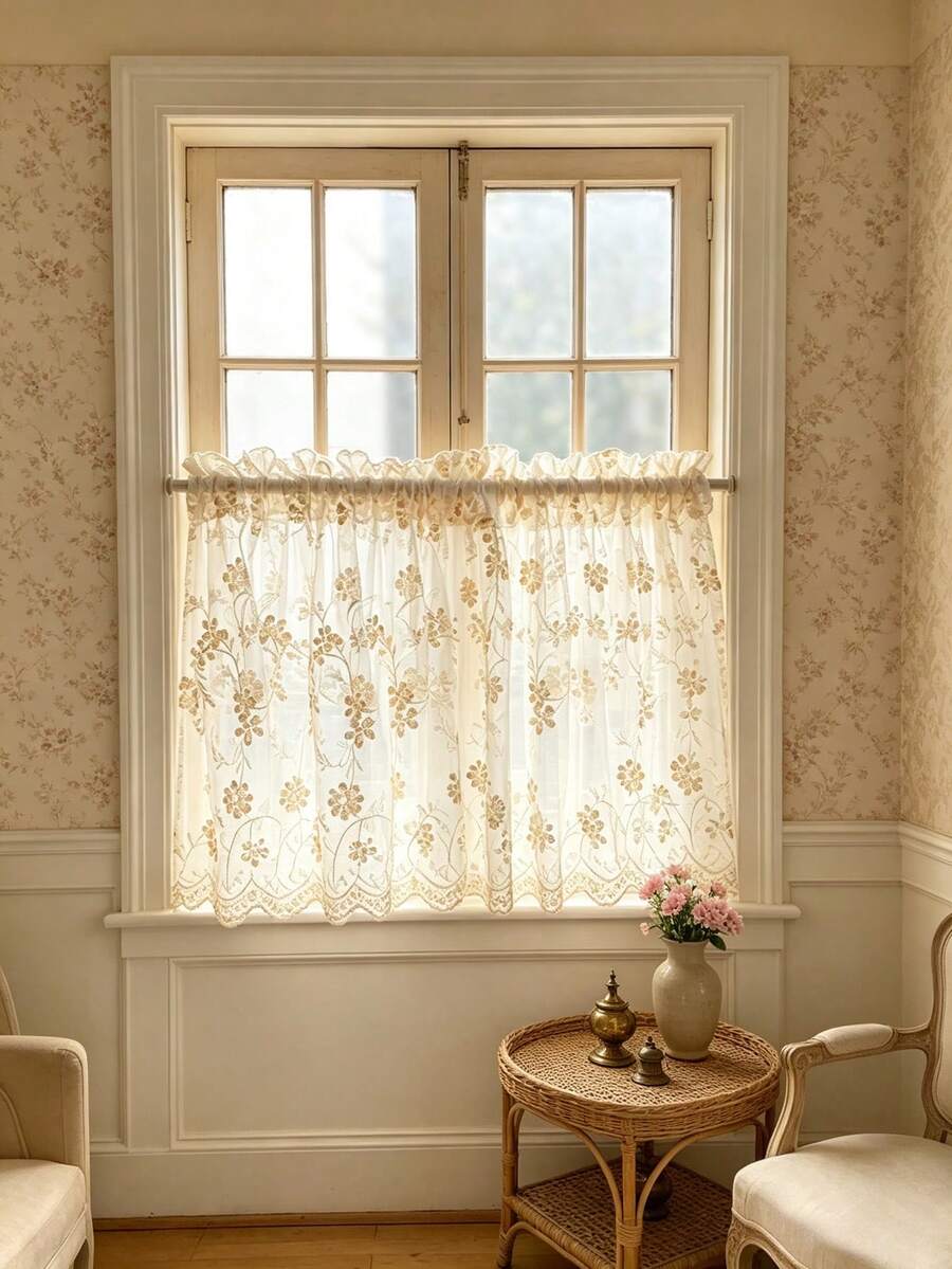 1pc Rod Pocket Lace Semi-Sheer Curtain Panel With Embroidery, Divider Curtain For Doorway, No Drilling Required - Multicolor - View 1