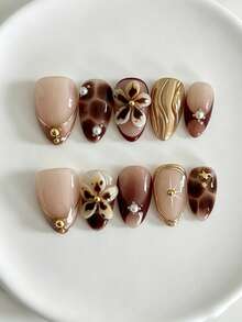 10PCS Short Almond Press On Nails, Leopard Print French-Style Fake Nails, 3D Gold Floral Pearl Rhinestone Design, Luxury Vintage Brown Nude Nail Tips Set With Jelly Adhesive Tabs & Nail File, Fall Winter Daily Wear Nails For Women Party Date Wedding - Multicolor - View 4