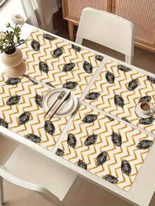 1pc Geometric Leaf Pattern Printed Table Runner, 4pcs Geometric Leaf Pattern Printed Placemats, Suitable For Holidays, Parties, Birthdays, Dinners, Kitchen Dining Table Decoration, All Season Room Decor, Home Textile Decoration Table Runner - Multicolor - View 7