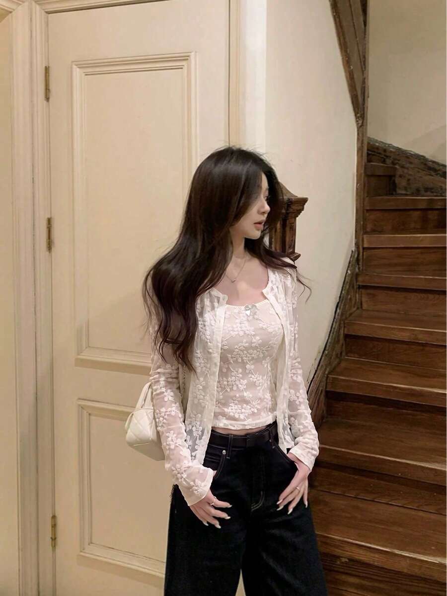 Jacquard Lace Camisole Round Neck Slightly Sheer Cardigan Set - White Set - View 1
