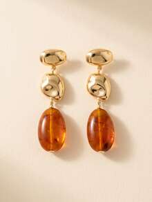 1 Pair Vintage Amber Oval Pendant Earrings, Multi-Layered Asymmetrical Dangle Design, Creative Long Drop Earrings, Suitable For Daily Wear, Holiday Gifts, Party And Banquet Jewelry - Yellow Gold - View 4