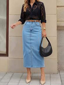 Light Blue Washed Mid-To-High Waist Denim Skirt For Women, Vintage Bodycon Mid-Length Slim Fit Commuter Versatile Denim Skirt, Belt Not Included - Medium Wash - View 9