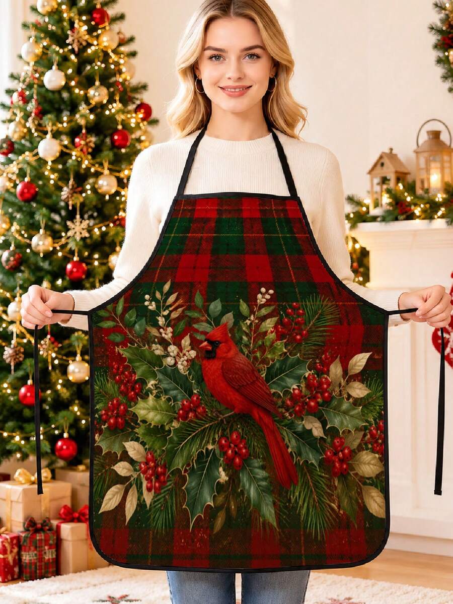 1PC Santa Claus Pattern Printed Apron, Fashionable Home Workwear Cooking Kitchen Apron, Durable Household Cleaning Apron, Washable And Reusable, 55x68cm, Kitchen & Restaurant Supplies, Christmas Apron, Suitable For Kitchen And Party - Multicolor - View 1