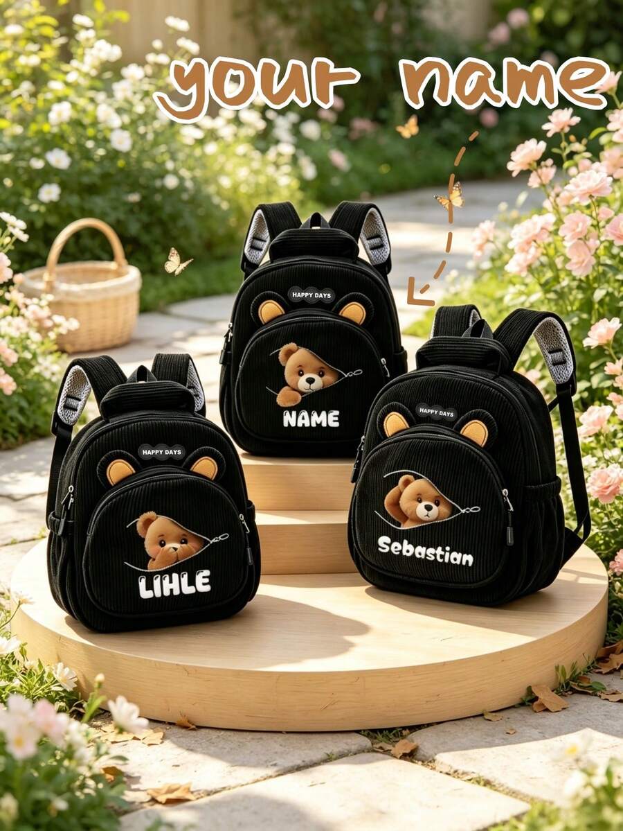 1pc Mini Personalized Custom Bear Backpack, Casual Versatile Zipper Bear Theme Print, Nylon Material With Zipper Closure, Adjustable Shoulder Strap, Handheld, Suitable For School, Shopping, Daily Commute, Outdoor Travel. Birthday Gift. - Multi-color-striped Fleece 2501 - View 1