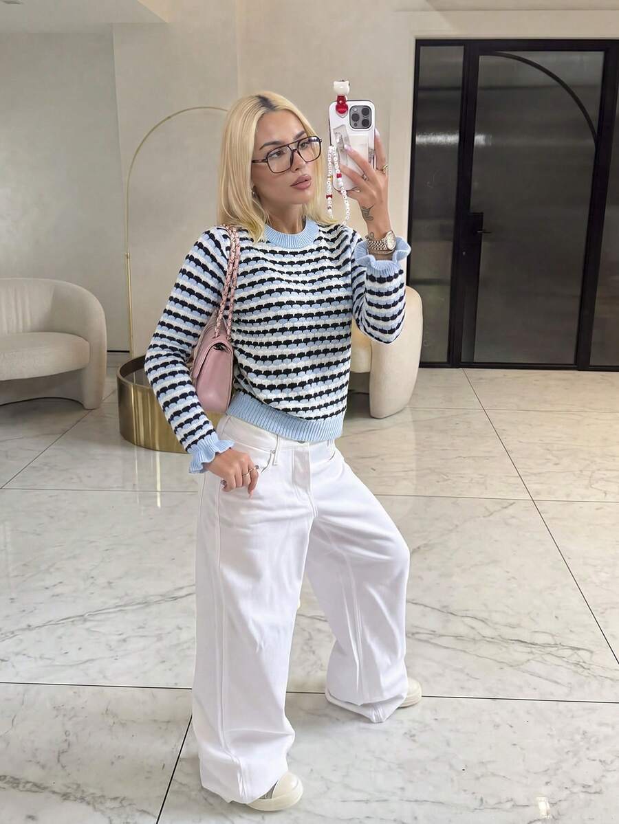 Women's Colorblock Horizontal Striped Knit Pullover, Round Neck Long Sleeve Sweater, Ruffle Flare Cuffs, Textured Wavy Stripes, Fresh And Gentle - Blue and White - View 1