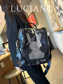 時尚大容量多隔層女款後背包，多功能 PU 鑲鑽單肩筆電包，1件銀色 PU 女包 - 銀色 - 查看 9