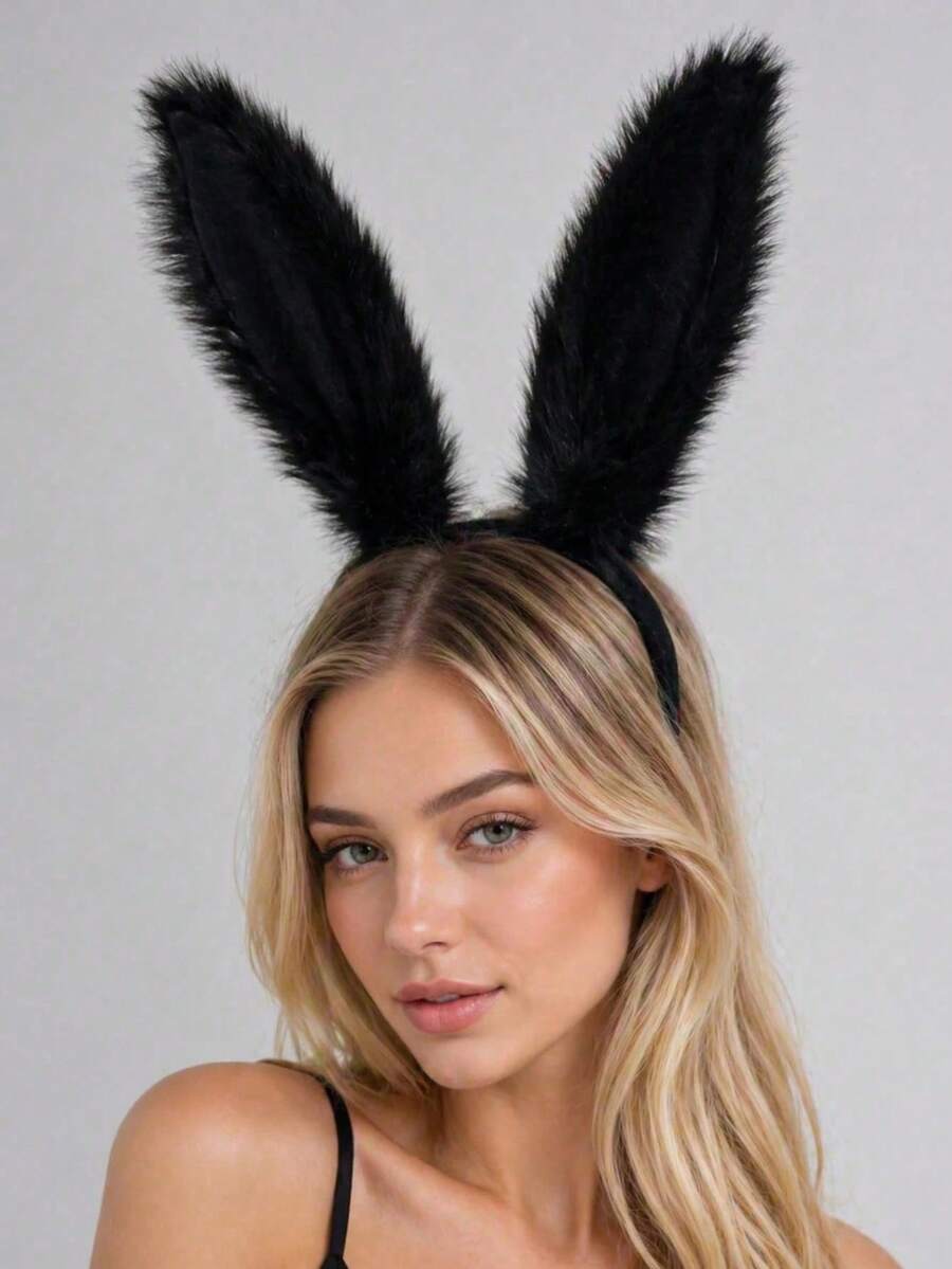 1PC Black Plush Oversized Rabbit Ear Headband, Dark Gothic Cosplay Costume Accessory For Ball Party, Halloween, Easter, Maid Bunny Girl Role Play