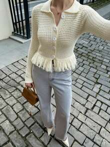 FOR BEAUTY Romantic Knitted Cardigan, Women's New Long Sleeve Sweater Jacket, Spring/Summer Hollow Out Knitted Tassel Cardigan, Spring Outerwear - Apricot - View 7
