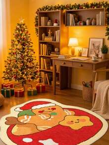 Round Burgundy Christmas Tufted Rug Checkered Border Snowman Gingerbread Gift Candy Cane Plush Rug Wreath - Red - View 6