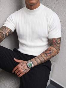 Men's Classic Half-High Neck Vertical Striped Short Sleeve Sweater, Suitable For Daily Theme Events And Business Dinners - White - View 5