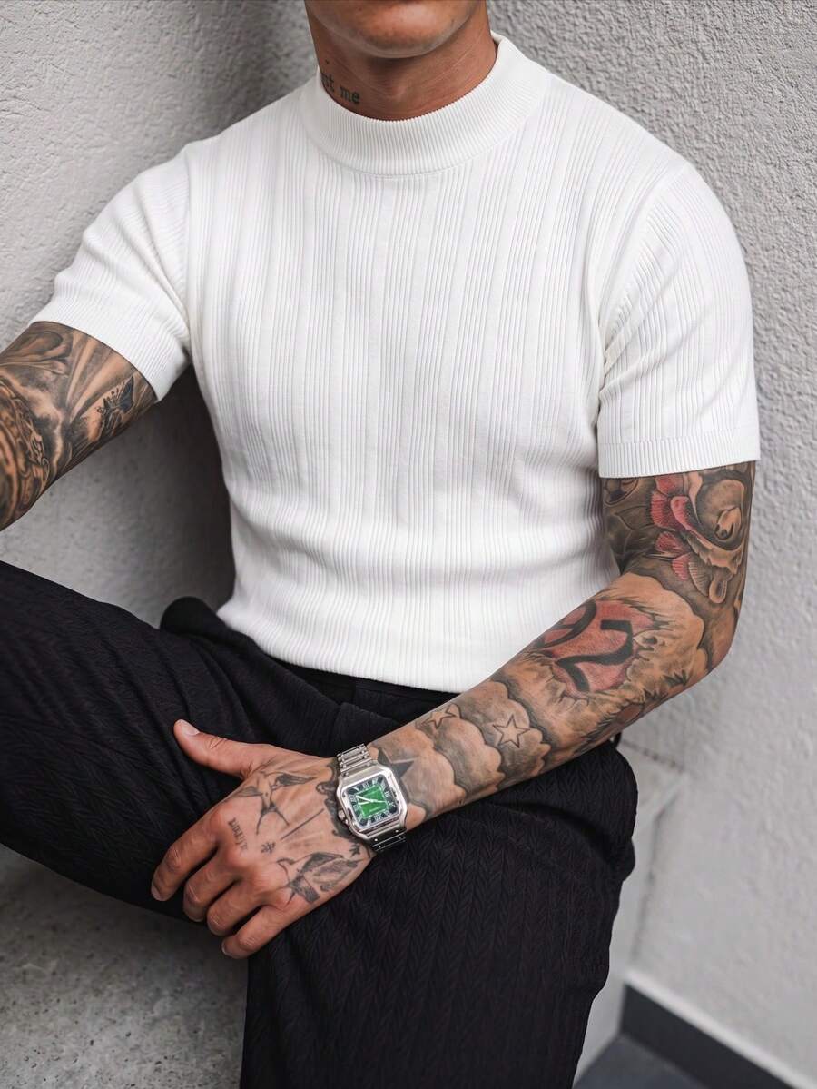 Men's Classic Half-High Neck Vertical Striped Short Sleeve Sweater, Suitable For Daily Theme Events And Business Dinners