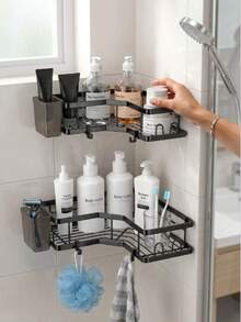 3/2/1pc No‑Drill Adhesive Corner Shower Shelf Set, With Soap Dish & 12 Hooks, Wall‑Mounted Space‑Saving Storage Rack, Practical Home‑DIY Supply, Hot Hardware For Shower Bath Room Household Tidy‑Up Projects - Multicolor - View 9