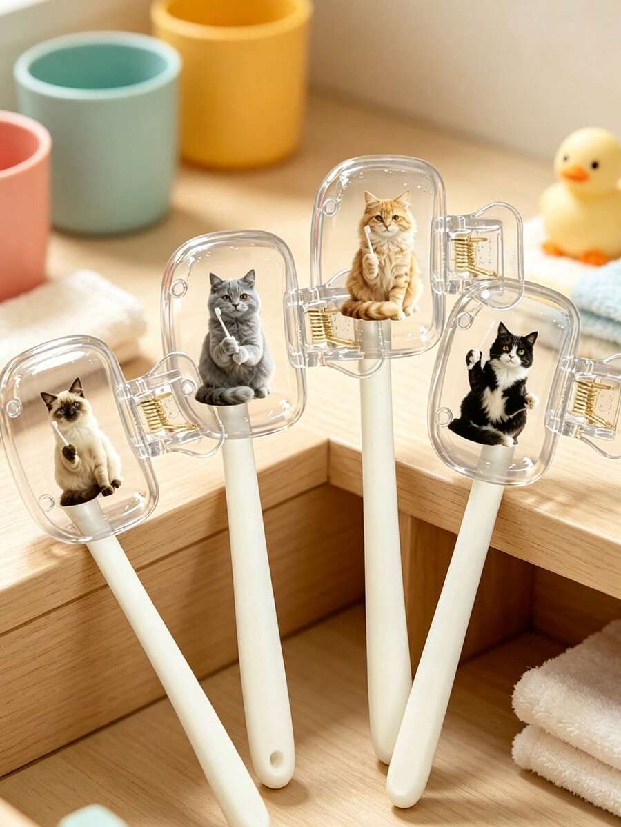 Portable Cat Printed Toothbrush Travel Box For Grooming, Cute Looking Travel Home Storage Organizer With Ventilation Holes, Toothbrush Holder, Plastic Sanitary Toothbrush Box, Waterproof And Dustproof Storage Bracket - Multicolor - View 1