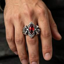 Punk Style Men's Ring With Red Zirconia Horse Eye, Gothic Carved Floral Pattern, Dark Personalized Accessory, Halloween Gift - Multicolor - View 2