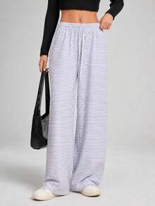 Women's Striped Wide Leg Pants, Blue And White Striped Drawstring Elastic Waistband, Casual Loose Straight Leg Long Pants - Blue - View 7
