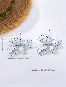 1 par de pendientes de botón exagerados vintage elegantes con lunares y flores grandes para mujer, adecuados para playa, vacaciones, fiesta, banquete y uso diario - Blanco con puntos negros - Ver 4