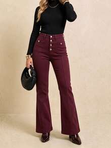 Burgundy Denim Flare Pants, Street Style Casual Long Pants For Women - Burgundy - View 4