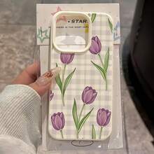 1 buah Casing Ponsel Minimalis Matte Putih dengan Pelindung Lensa dan Motif Kotak-kotak Ungu Tulip, Dapat Dipersonalisasi, Kompatibel dengan iPhone 16 Pro Max/18/17/16/15/14 Plus/13/12/11/Air, Kompatibel dengan Seri - MultiWarna - View 2