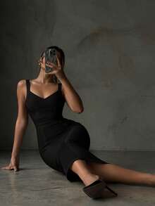 Women's Summer Spaghetti Strap Patchwork Sexy Ribbed Bandage Elegant Backless Black Mid-Length Fitted Dress, Suitable For Outings, Evening Parties, Cocktail Events - Black - View 8