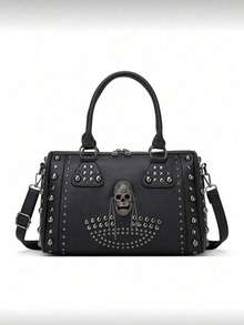 Skull Rivet Punk Pillow Handbag Large Capacity Women Shoulder Messenger Tote Bag Retro European American Style Halloween Party Gift - Black - View 3