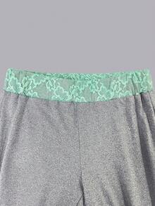 Women's Y2K Colorblock Lace Trim 2 Pieces Set, V-Neck Criss-Cross Fitted Long Sleeve Top & Low Waist Flared Pants, Street Casual Slimming Outfit - Grey - View 7