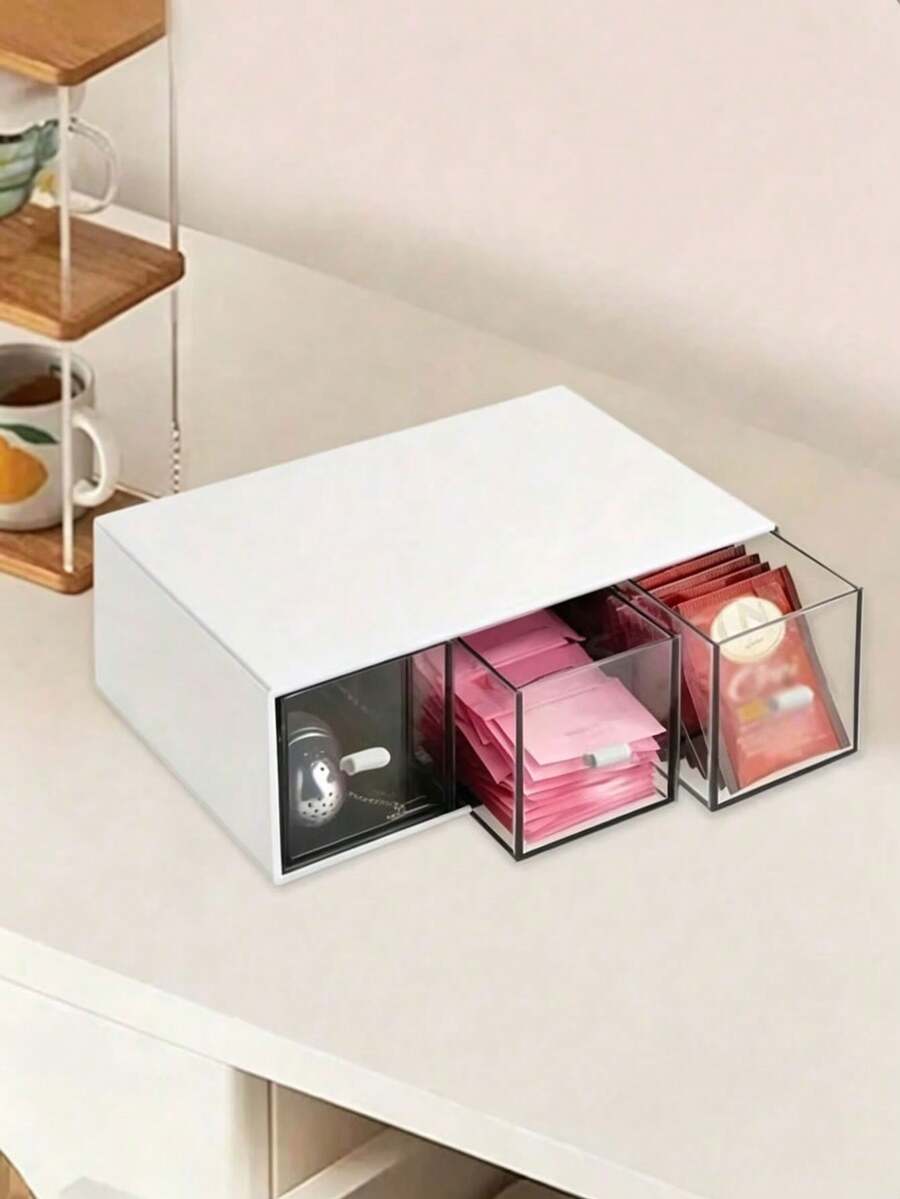 1-Pack Tea Bag Storage Box, Stackable Tea Box With 3 Drawers, Plastic Tea Bag Holder, Suitable For Kitchen, Pantry, Cabinet, Countertop, Multi-Functional Kitchen Storage Organizer, Home Storage Organizer - White - View 1