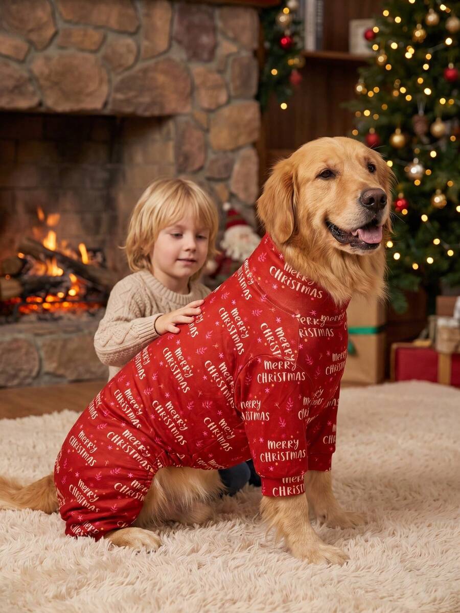 1PC Christmas Dog Pajamas - Soft Warm And High Stretch Full Coverage Pet Rompers, Anti Licking & Bug Protective Jumpsuit For Small Medium Large Dogs, Christmas All Over Printing Dog Clothes - Christmas Letter "Merry Christmas" Pattern - Multicolor - View 1