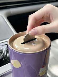 1pc Cute Sticker Car Coin Mini Storage Box, Creative Cartoon Animal DIY Self-Adhesive Coin Bank, Tin Round Coin Storage Box, Car Accessories Organizer, Car Interior Decor Storage Can - A - View 3