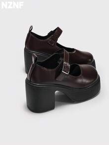 NZNF Women's Solid Color College Style PU Shoes With Buckle Strap, Thick Sole And Chunky Heel, Daily Commute Shoes - Coffee Brown - View 2