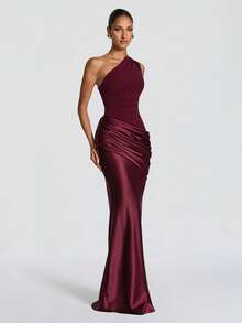 Elegant Asymmetrical Shoulder Sexy Fitted Party Dress, Ruched Waist And Hip Design Summer - Red Violet - View 4