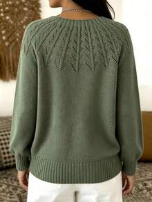 Plus Size Women's Loose Casual Round Neck Long Sleeve Knit Sweater, Textured Pattern Minimalist Design, Versatile Everyday Style - Green - View 8