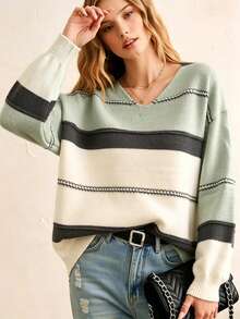 Spring Autumn Winter European American Style Elegant Striped Women's Knit Sweater Fashion Casual Commute Long Sleeve V-Neck Plus Size Pullover - Multicolor - View 1