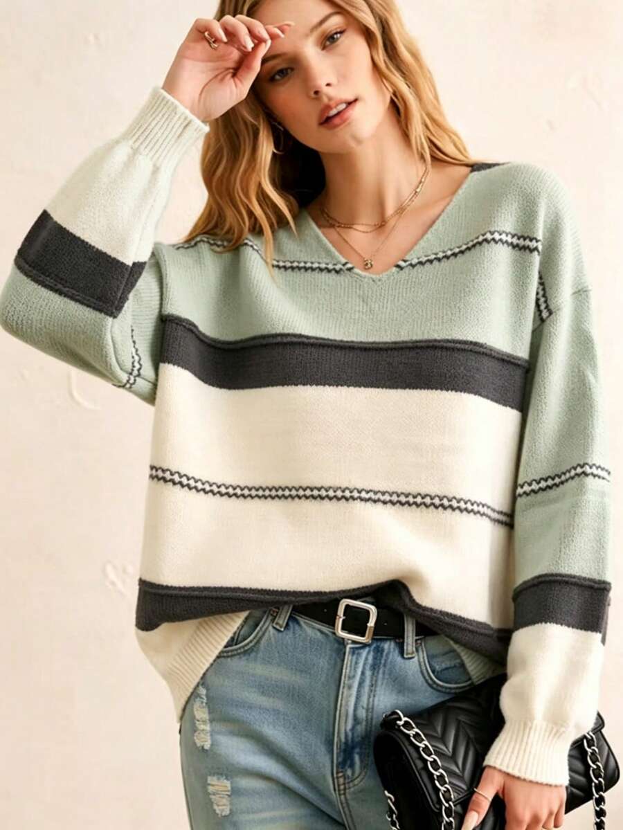 Spring Autumn Winter European American Style Elegant Striped Women's Knit Sweater Fashion Casual Commute Long Sleeve V-Neck Plus Size Pullover - Multicolor - View 1
